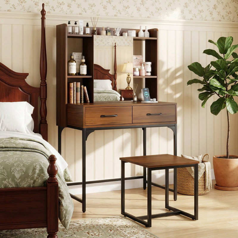 Bureau de maquillage pour meuble-lavabo, plusieurs tiroirs de rangement coulissants et station de charge rapide intégrée, surface imperméable et résistante aux égratignures