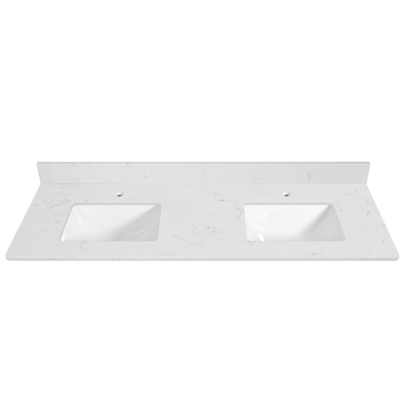 61" X 22" Rectangular Quartz Double Bathroom Vanity Top in White with Ceramic Undermount Basin with 4" Backsplash 