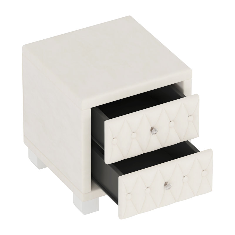 Table de chevet en velours avec poignées en cristal, table de chevet capitonnée avec deux compartiments de rangement, Beige