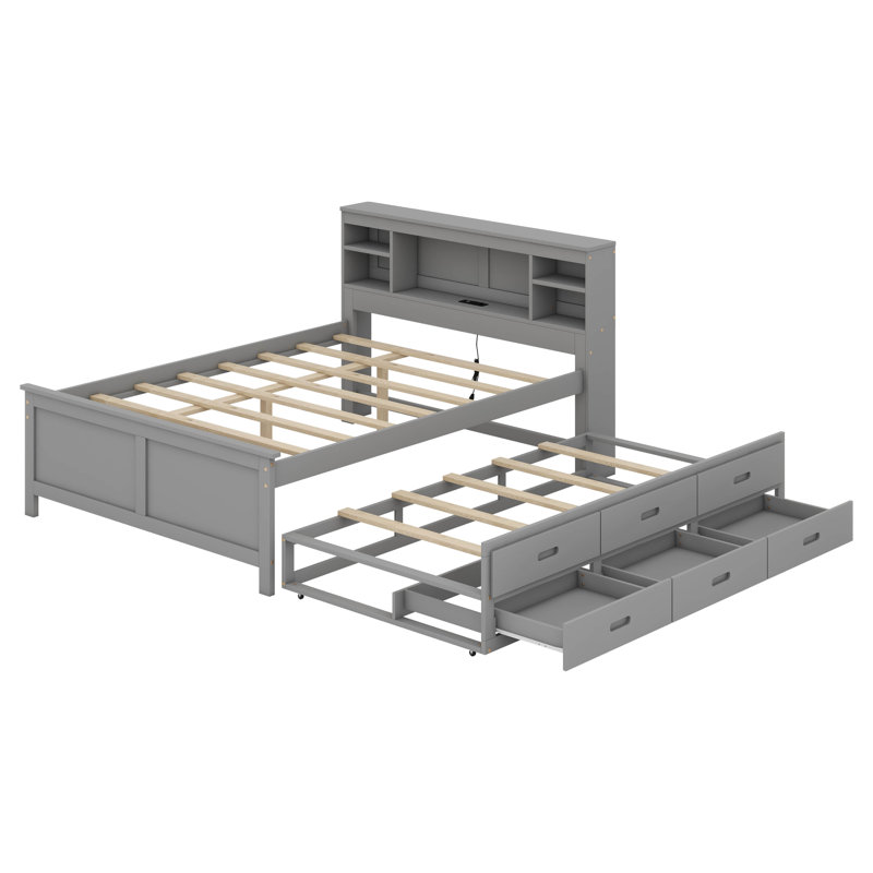 Lit double en bois avec tête de lit avec rangement, port USB, lit gigogne et 3 tiroirs, Gris