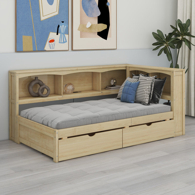 Lit de jour avec tiroirs de rangement, armoires de rangement et ports USB, Naturel