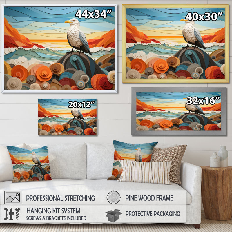 «Seagull Coastal Guardian Geometric I», reproduction d'art sur toile, 16" H x 32" W, Cadre naturel flottant