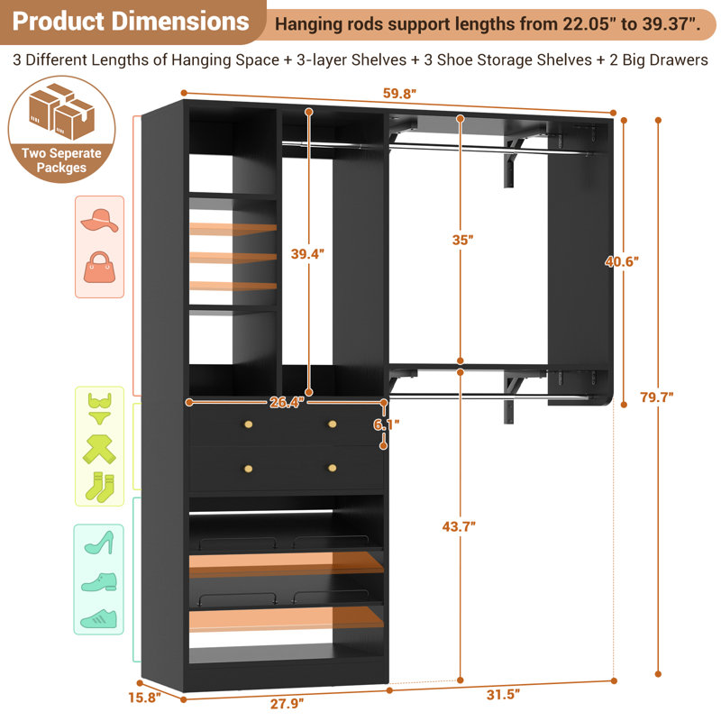Closet System With Wood Drawers Ans Shoe Storage, Black