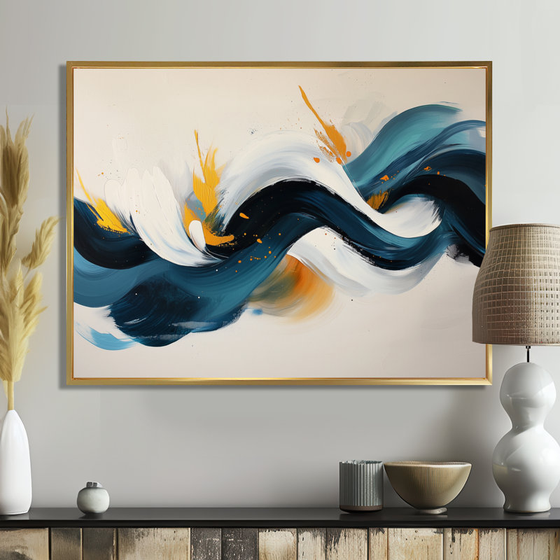 Racines et reflets de vagues abstraites V - art abstrait spirales, H 24 po x l 32 po, Avec cadre, Doré