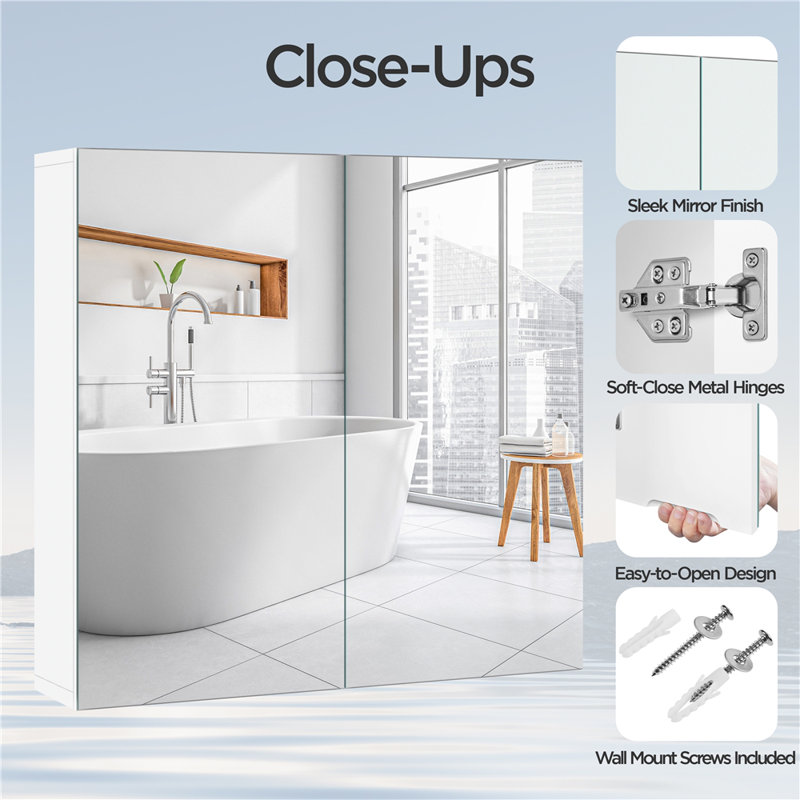 Frameless Mirror Cabinet Wall-Mounted Storage Cabinet with Storage and Adjustable Shelf, 24" H x 25" W x 6" D