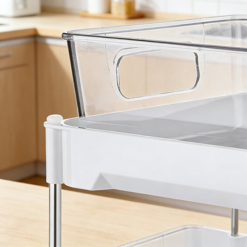 Organisateur coulissant à 2 niveaux avec tiroirs coulissants, solution de rangement sous l'évier pour la salle de bain, la cuisine et le garde-manger, conception durable et transparente pour un accès facile et une maximisation de l'espace