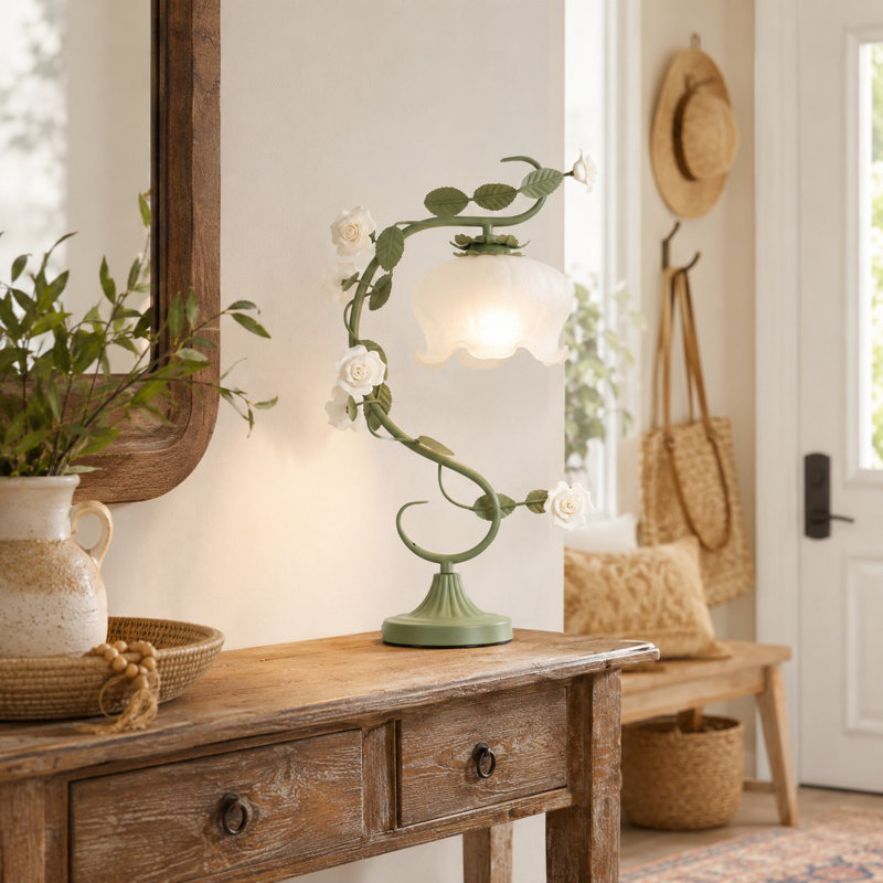 Lampe de table florale de 21 po de hauteur, lampe de bureau à DEL, floral bionique avec abat-jour en verre rose, pour chambre à coucher, bureau, salon