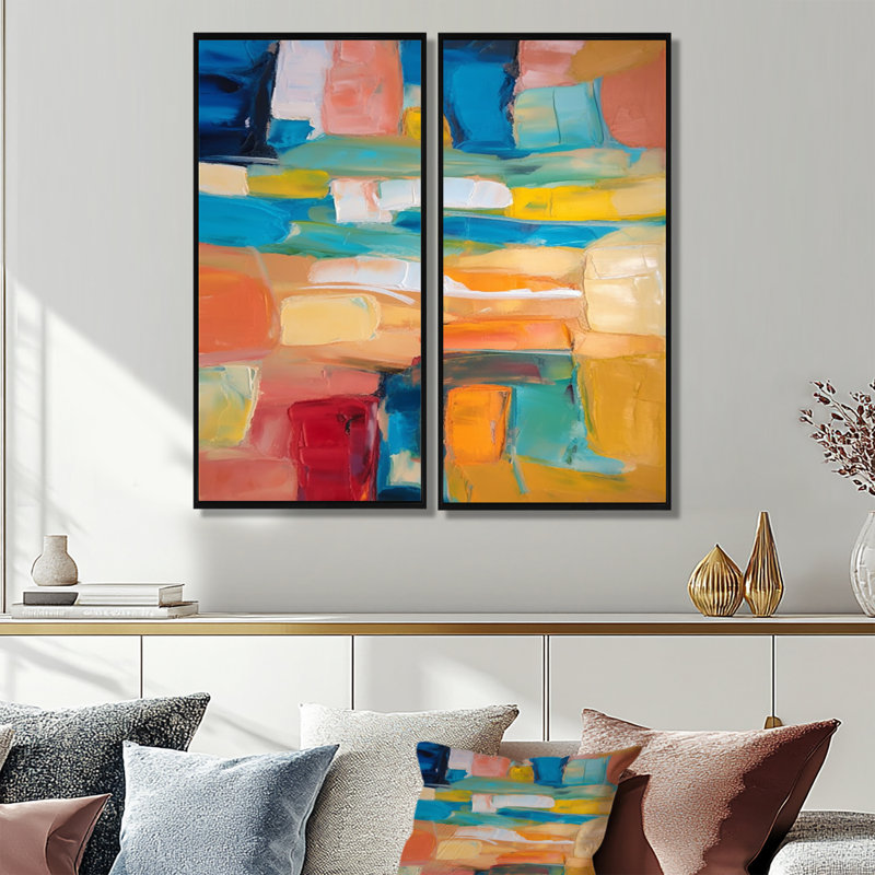 «Clete Vibrant Cubist Colourfields» - art mural moderne bleu, H 20 po x l 24 po, Noir, Reproduction avec cadre flottant