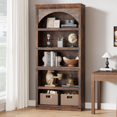 Farmhouse Arched Bookcase, 68.7" Tall Wooden Bookshelf with 5 Open Shelves, Rustic Vintage Display Shelves for Living Room, Office, Library