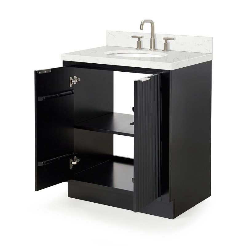 Meuble-lavabo simple en bois massif 30 po avec comptoir en quartz noir Carrara de 1,5 po, Noir, Ovale