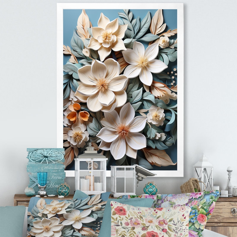 Élégant papier mâché, fleurs de plumeria, H 32 po x l 16 po x P 1 po, Cadre simple blanc