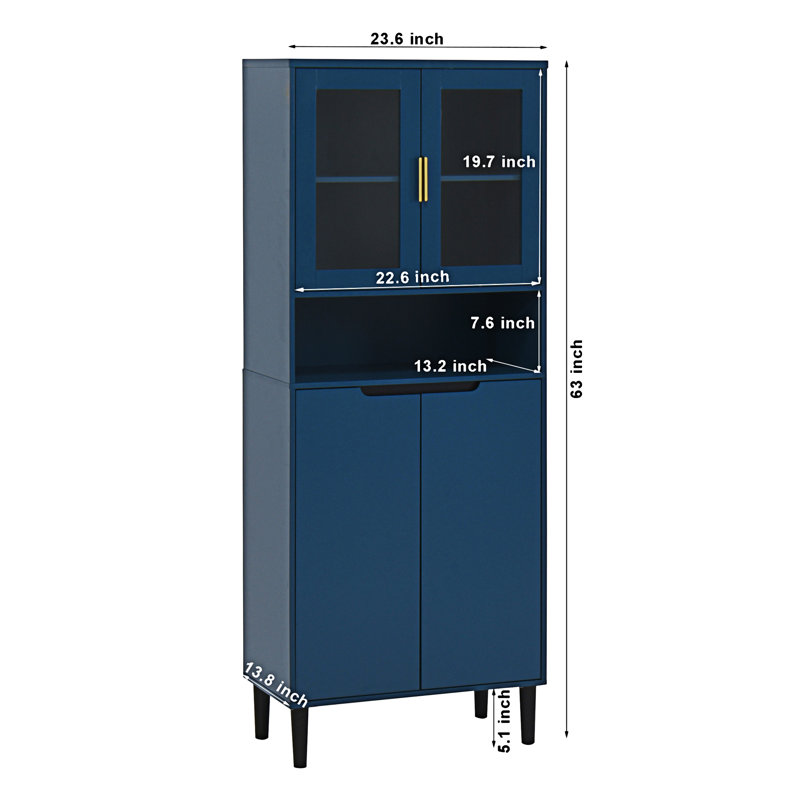 Tall Blue Lockable Bathroom Storage Cabinet with Glass Doors