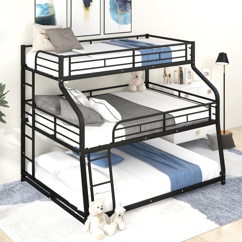 Twin XL/Full XL/Queen Triple Bunk Bed with Long and Short Ladder and Full-Length Guardrails,Black, Black