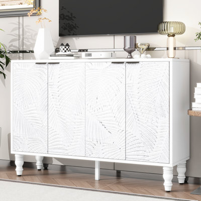 Meuble audio-vidéo Modern Living, blanc, 47,2 po, 2 armoires, tablettes réglables, pieds en bois massif, meuble télé avec espaces de rangement spacieux, poignée en métal, fonction pin