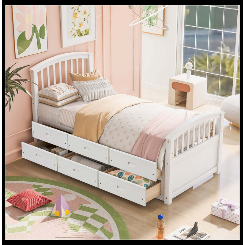 Lit plateforme simple en bois massif avec 6 tiroirs, blanc