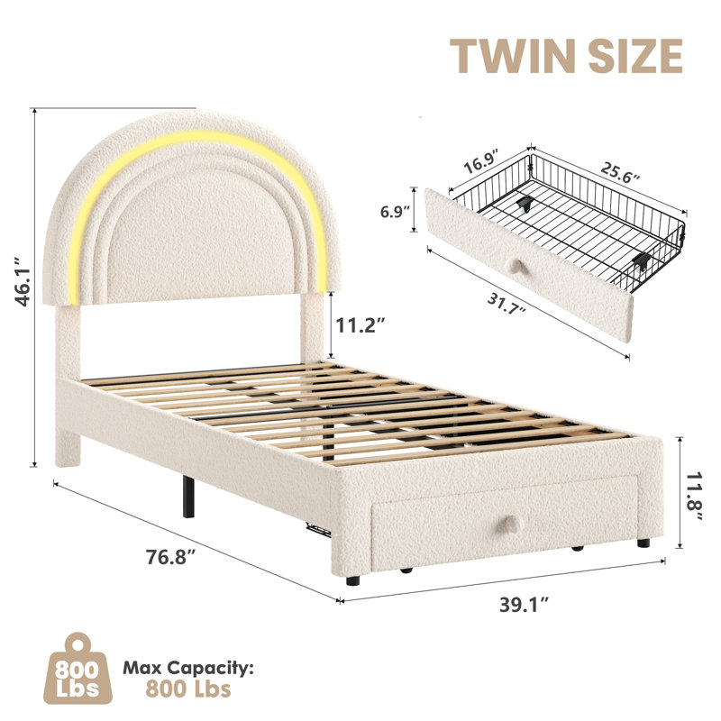 Lit plateforme rembourré à DEL pour enfant – Tête de lit arc-en-ciel, tiroir de rangement, polaire douce, sommier à lattes en bois robustes, sans caisson, style princesse – Taille simple, beige clair