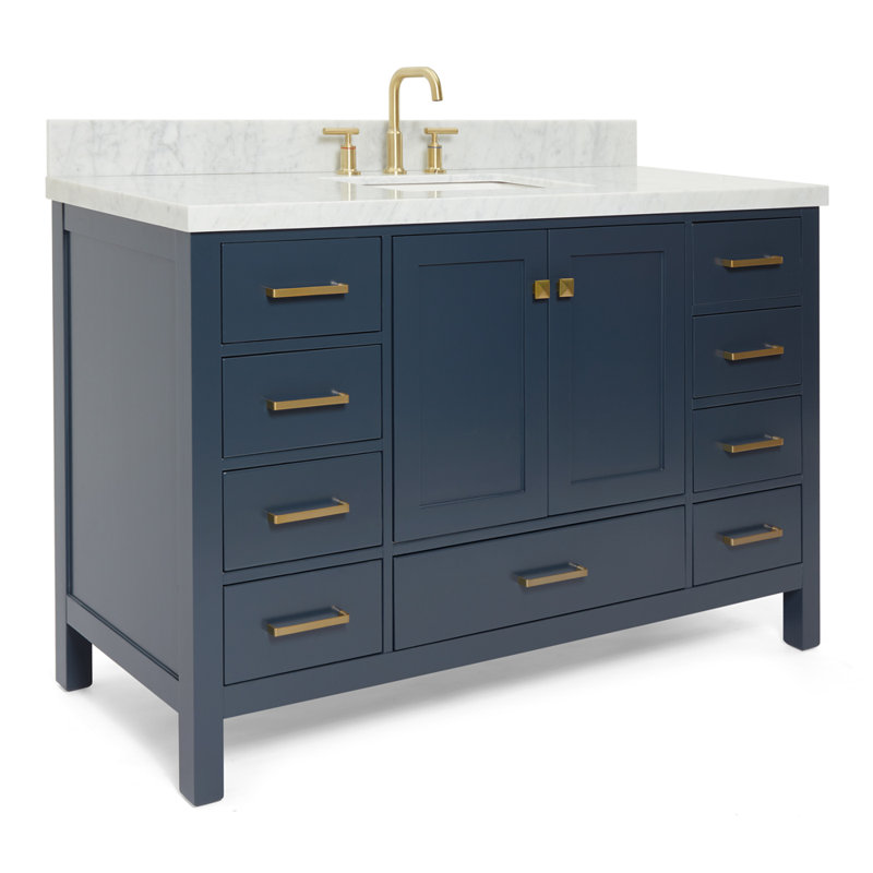 Cambridge 55'' Single Bathroom Vanity with Top, Midnight Blue / Satin Brass, Rectangular