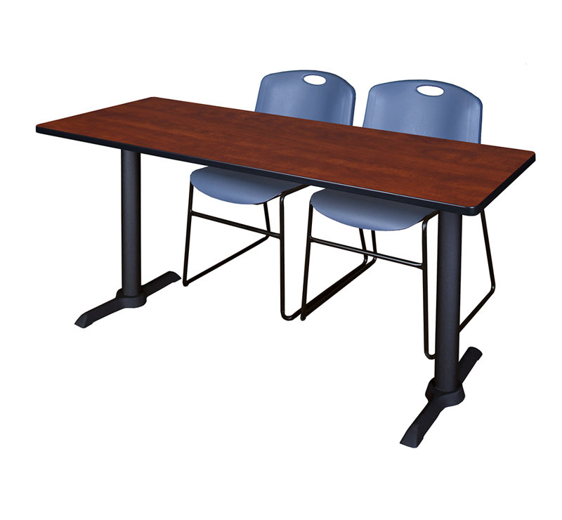 Neyland Cain T-Base training table and 2 Zeng stackable chairs, Cerisier, Bleu, L 60 po x P 24 po