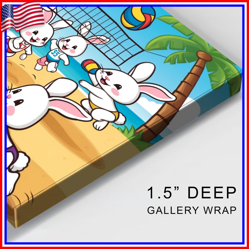 Caricature de lapins jouant au volleyball sur toile tendue en plusieurs tailles, 16 po x 20 po