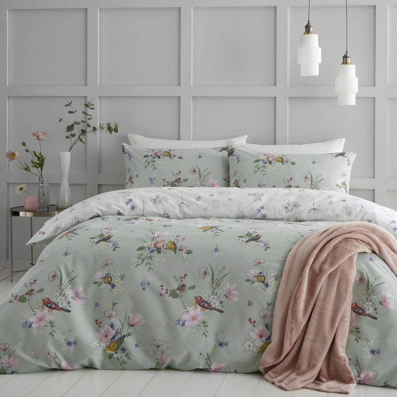 Songbird Floral Reversible Duvet Cover Set with Pillowcases, Sage, Double Duvet Cover + 2 Standard Pillowcases