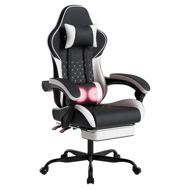 Chaise de jeu ergonomique à dossier haut avec repose-pieds et soutien lombaire, noire et blanche, Black and White