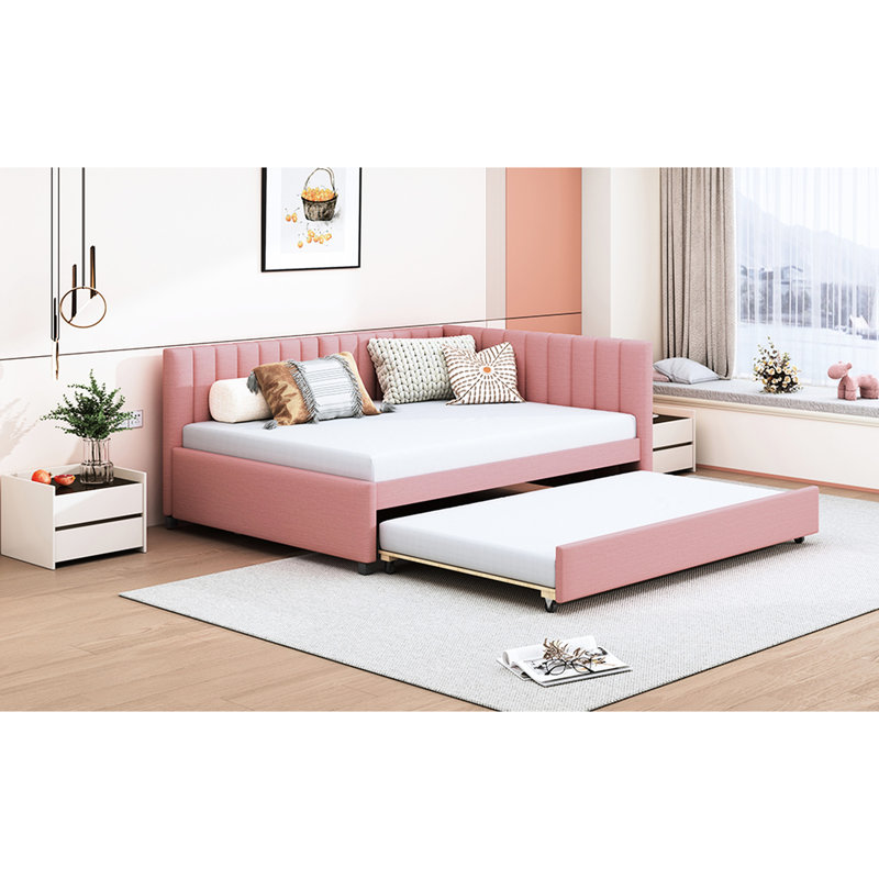 Lit de jour rembourré en lin rose avec lit gigogne, sans sommier pour un cadre de lit merveilleux, Pink
