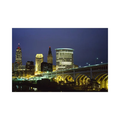 Bridge In A City Lit Up At Night, Detroit Avenue Bridge, Cleveland, Ohio, USA - Wrapped Canvas Print
