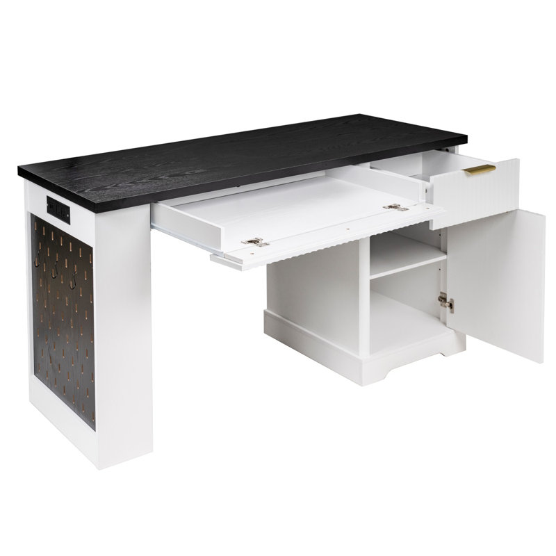 55" Modern Fluted Office Desk with Power Outlet & Pegboard, Computer Desk with Adjustable Shelf Cabinet, Drawer, and Keyboard Tray, Built-in Storage for Home Office and Study