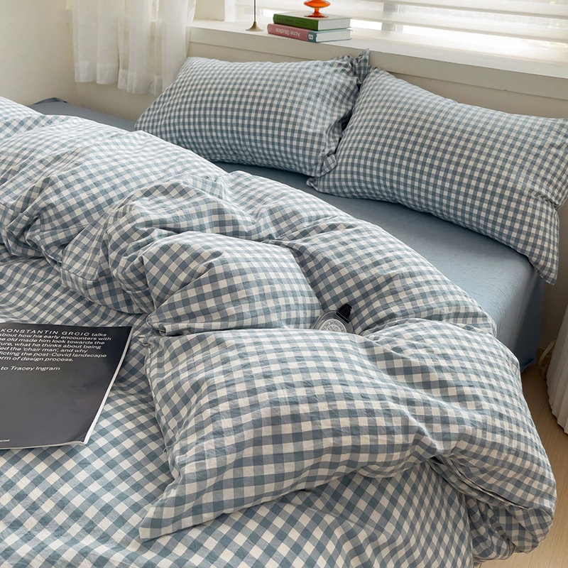 Ensemble de housse de couette en vichy à carreaux 100% coton lavé Life, Housse de couette double et 2 taies d'oreiller
