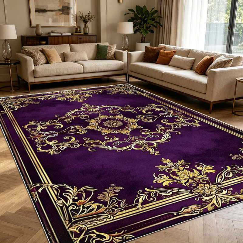 1PC vintage baroque purple gold ornate floral area rugs for Living Room, Soft and Comfortable, Suitable for all seasons, easy-to-maintain, machine washable Indoor floor mat, Under Table Farmhouse suitable for dining room, bedroom, entryway, kitchen,