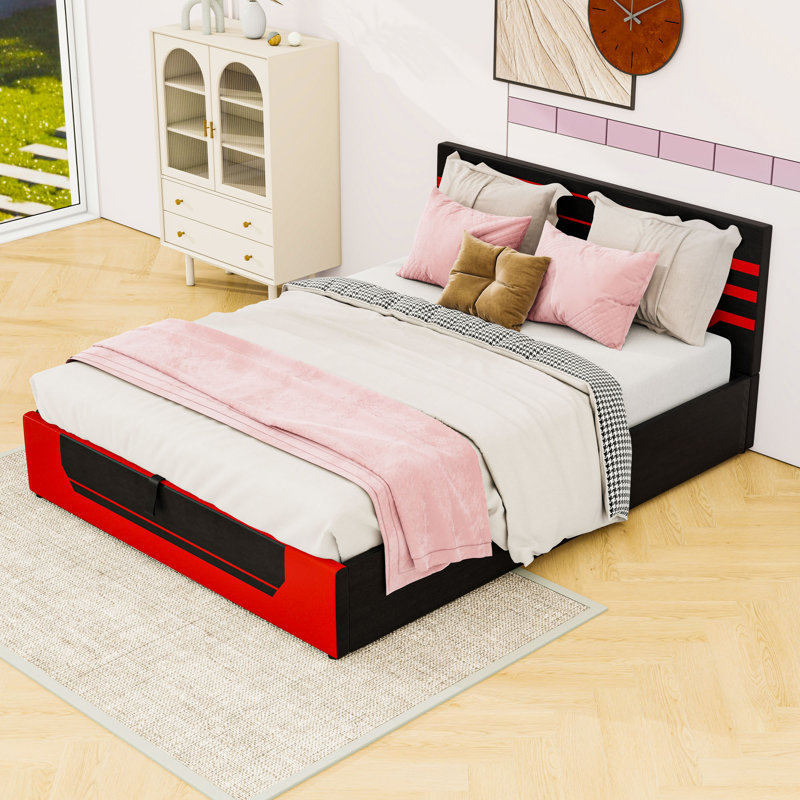 Base de lit plateforme avec espace de rangement sous le lit, Noir / Rouge