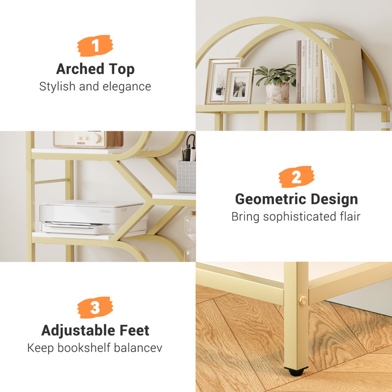 Bookcase, Arched Display Rack with 9-Tier Display Open Shelves, Gold