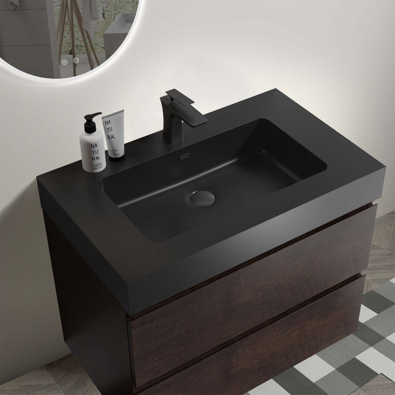 Meuble-lavabo flottant mural de 30 po avec lavabo, grand rangement, finition en bois de rose, tiroirs à fermeture en douceur, design moderne