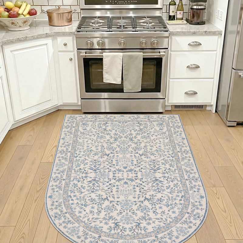 Floral Machine Washable Area Rug, Half-oval 3'7" x 5'5", Blue