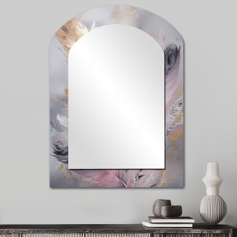 Plume rose Wanderlust - grand miroir mural en forme d'arche Glam Feather, miroir décoratif asymétrique rose, impression d'art en métal
