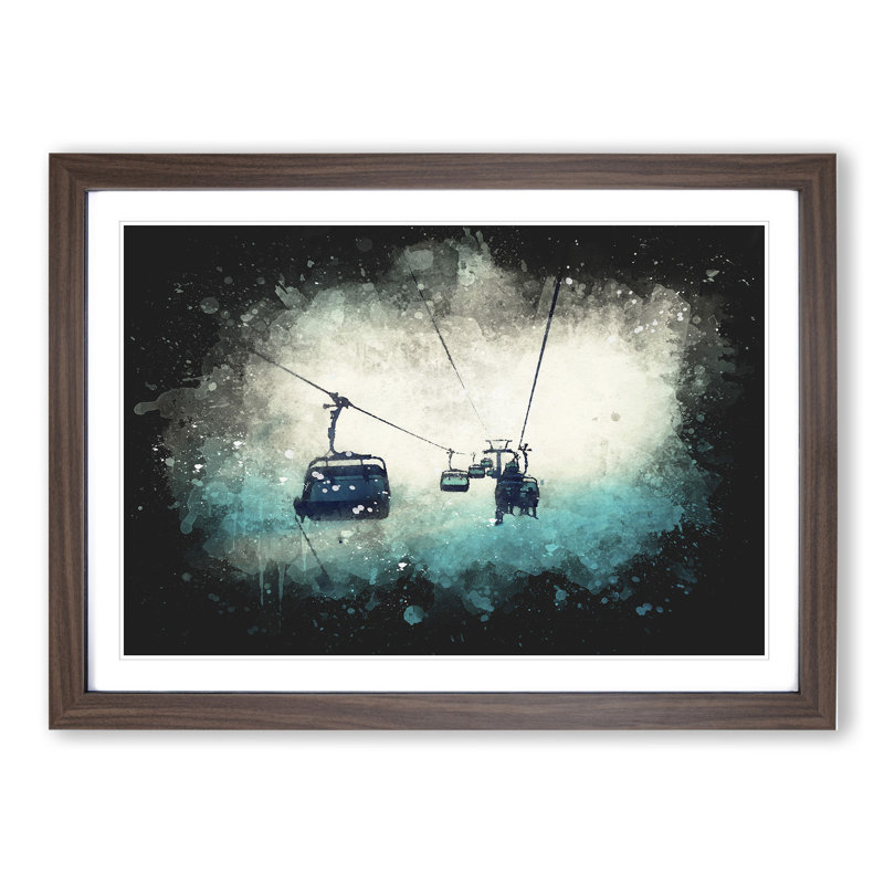 Ski Lift - Single Picture Frame Print on Wood, 65cm H x 90cm W x 2cm D, Walnut Framed
