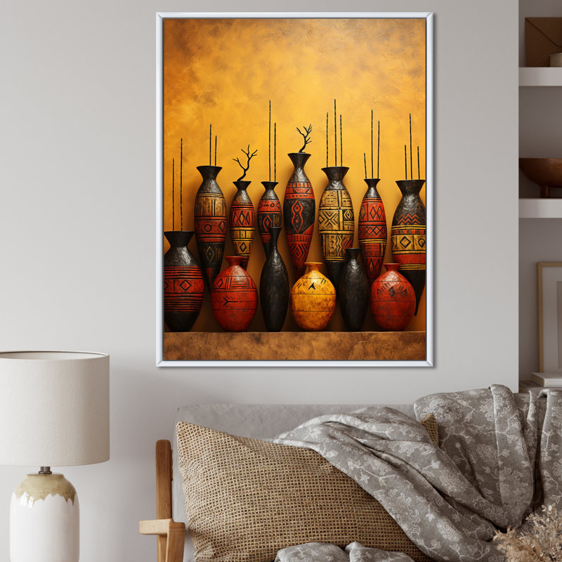 Art mural rouge sur toile de poterie rouge africain, Cadre flottant blanc, H 20 po x l 12 po x P 1 po