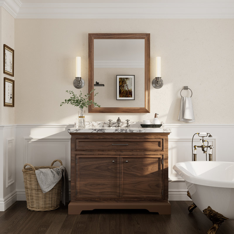 Amara Tempered Glass and Aluminum Alloy Framed French Cleat Mounted Wall Mirror, 36" x 28", Dark Brown Wood