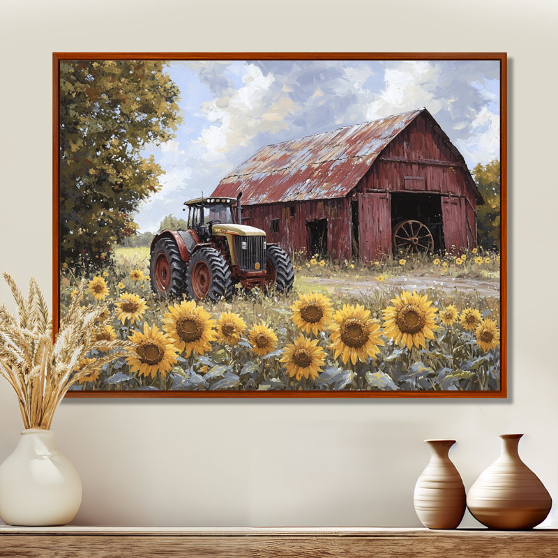 Diyora campagne côté tournesols avec tracteur ferme I - tournesols, art mural, Brun, Impression encadrée flottante