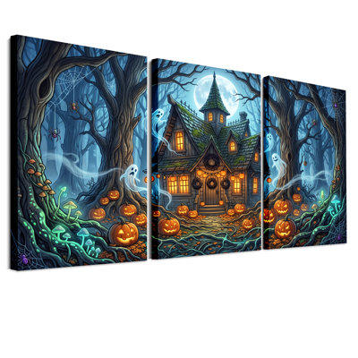 Maison hantée avec citrouilles et fantômes, ensemble de 3 toiles d'Halloween