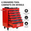 Armoire à outils 20 po à 6 tiroirs en acier, noir et bleu, verrouillable, 4 roues universelles, chariot d'atelier de comptoir lisse, 2 avec freins, poignée à tirer-917555386