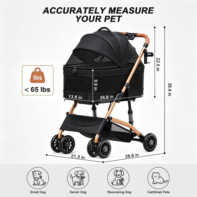 Poussette pour animaux avec support amovible pour petits chiens et chats, poussette pliable à 4 roues avec une clé