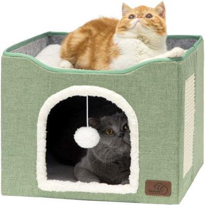 Cat Beds For Indoor Cats - Large Cat Cave For Pet Cat House With Fluffy Ball Hanging And Scratch Pad, Foldable Cat Hideaway, 16.5X16.5X13 Inches,
