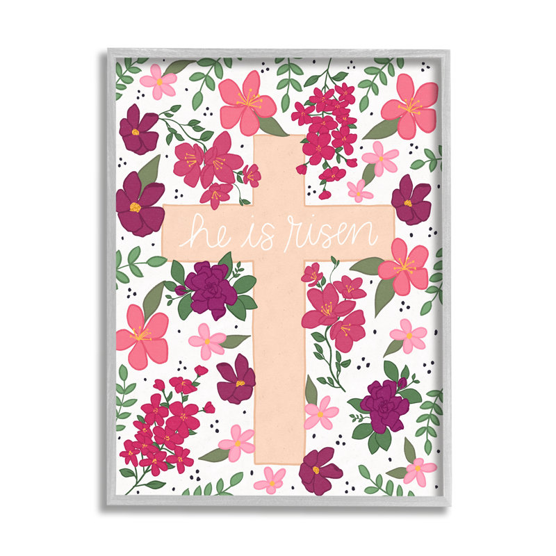«He Is Risen Faith Expression Pink Florals Cross» par Raye Allison Creations - impression, H 30 po x l 24 po x P 1,5 po