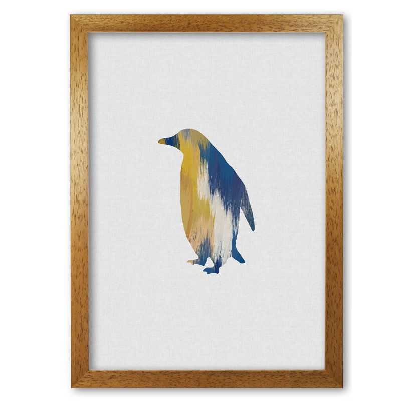 Penguin Blue And Yellow - Print, Honey Oak Frame, 60 cm H x 42 cm W x 5 cm D