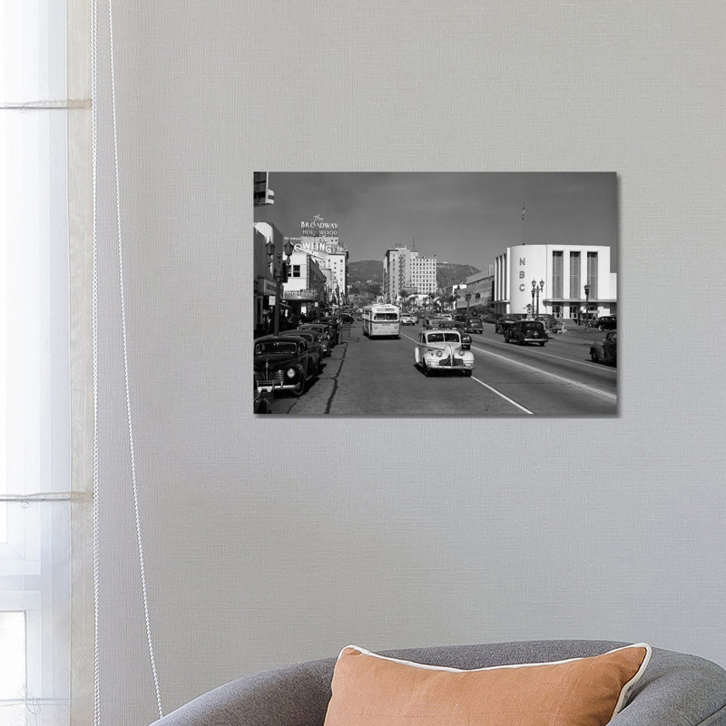 1940s Street Scene View Down Vine Street NBC Studio The Broadway Hotel Near Sunset Boulevard Hollywood Los Angeles USA - Wrapped Canvas Print