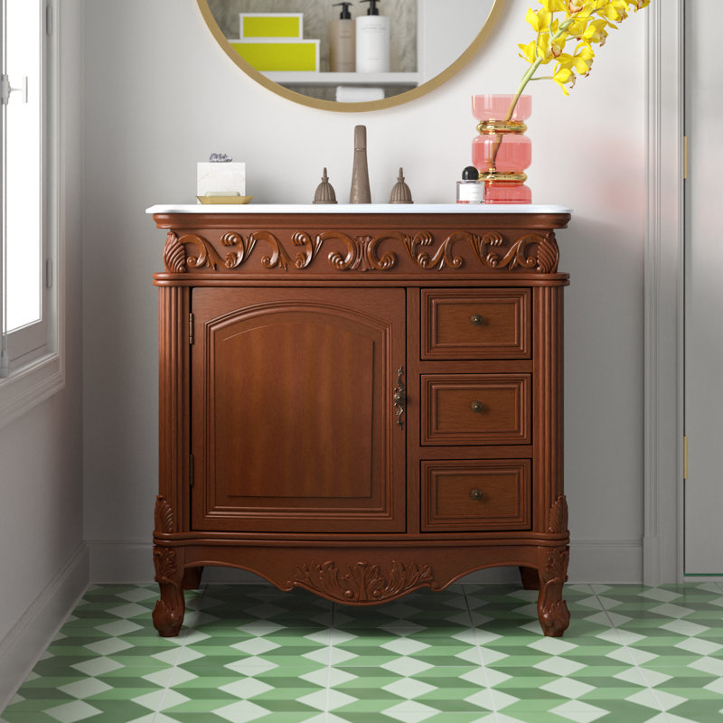 36'' Single Bathroom Vanity with Top, Teak, Guangxi White