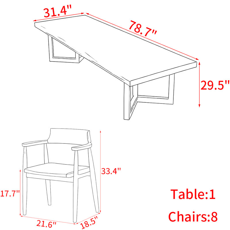 Ensemble de table de salle à manger rectangulaire moderne en bois massif, H 29,5 po x L 78,7 po x l 31,4 po