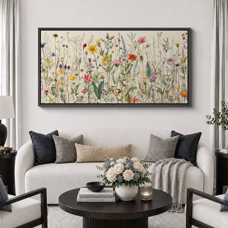 Aquarelle de fleurs sauvages vibrantes, H 30 po x l 60 po, Noir, noir, noir, noir