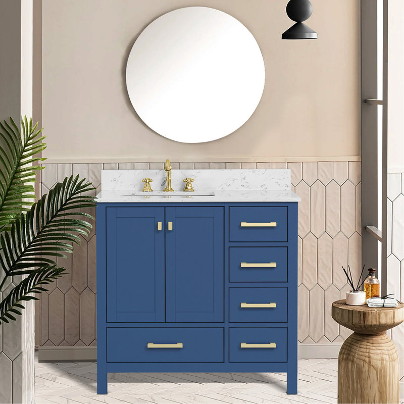 Meuble-lavabo de 36 po, armoire de rangement en bois massif, comptoir de meuble-lavabo autoportant avec lavabo bleu